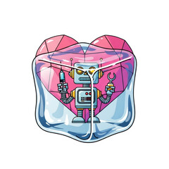 Cute robot holding tools in a heartshaped ice cube isolated on transparent background