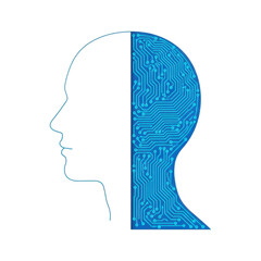 Human head outline with circuit board pattern isolated on transparent background