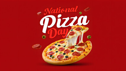A festive image for national pizza day with a pepperoni pizza slice pulled out showing melted cheese