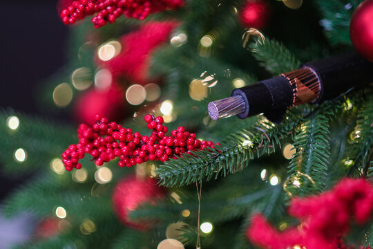 Cross-section of a high voltage cable with exposed wires, illustrating modern power technology. Electrical industry solution with power line. - Powered by Adobe