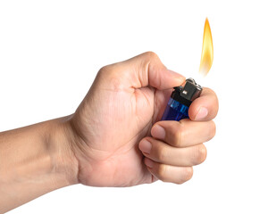 Hand Holding Blue Lighter with Flame Ignited in Isolated Background