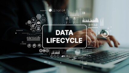 Conceptual Representation of Data Lifecycle Management with Digital Elements and Hands on Laptop in Modern Office Setting. Asymptotic smart data analytic.