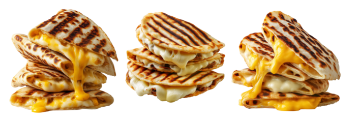 Grilled cheese quesadilla or Cachapas sweet corn pancakes with melted white cheese stacked, isolated on white background