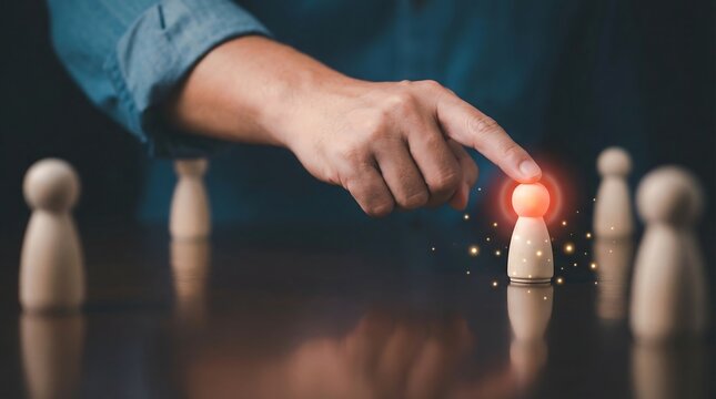 Hand selecting glowing digital pawn in futuristic strategy game with illuminated chess pieces on dark surface