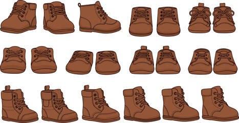 Cartoon baby shoes collection, brown footwear styles, lace-up, slip-on, high-top designs, infant fashion set - flat vector illustration