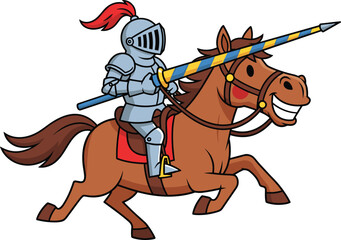 Cartoon knight riding horse with lance, smiling medieval character, red plume helmet, humorous jousting pose - flat vector illustration