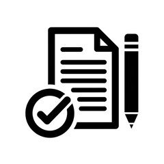 Document with checkmark and pencil isolated on transparent background