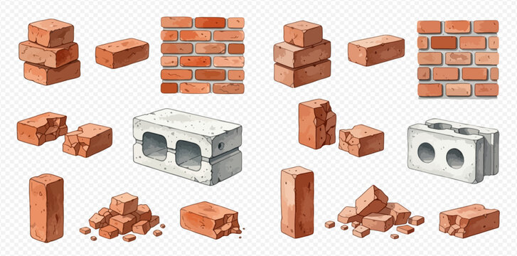 Collection of watercolor illustrations featuring various red bricks and concrete blocks for construction projects.