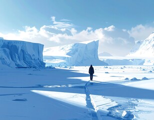 A solitary figure, cloaked in dark attire, traverses a vast, icy expanse under a brilliant, cloud-strewn azure sky