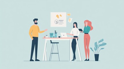 Team members collaborating at a modern office desk with minimalist design