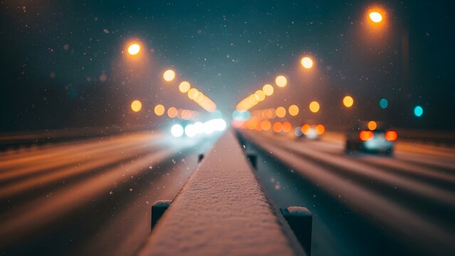 Mesmerizing night journey on a snowy highway, with blurred vehicle lights and glowing streetlamps creating a dynamic bokeh effect during winter