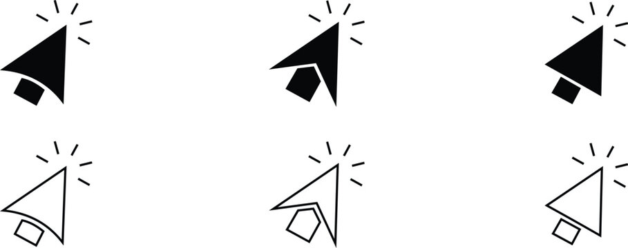 Black mouse cursor click Icons set, computer pointer and clicking hand symbols for uI and web design.