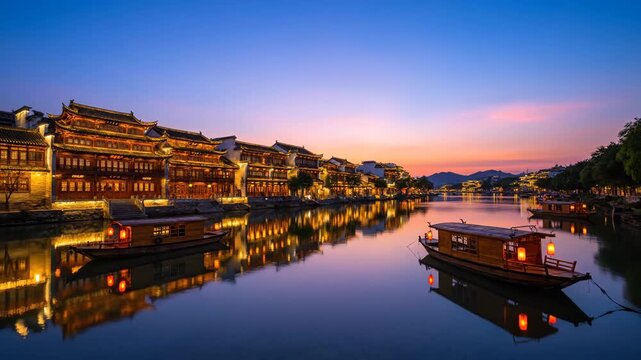 Scenic river with boats, traditional buildings, sunset, reflection, travel imagery use