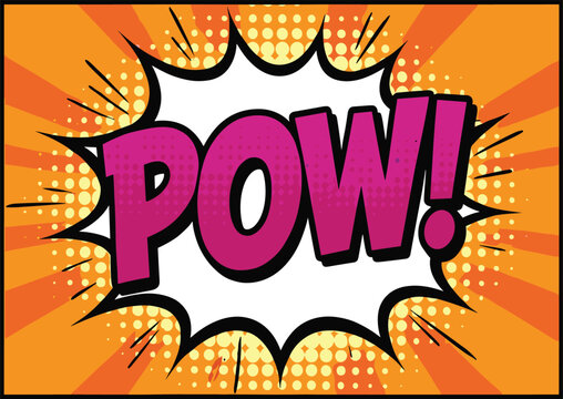 Vibrant pink comic book pow speech bubble with orange halftone sunburst background and dynamic action elements for pop art.