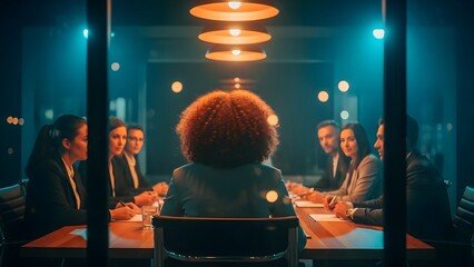 Dynamic View of a Business Team's Strategic Conference Meeting, Featuring Diverse Professionals Collaborating in a Modern Boardroom Environment