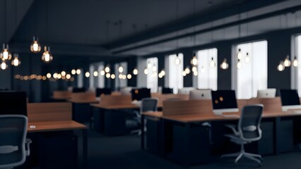 Modern office interior with multiple workstations and warm ambient lighting, showcasing a contemporary workspace design, ready for productive work