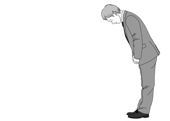 お辞儀をするサラリーマンのイラスト 全身横向き コピースペース