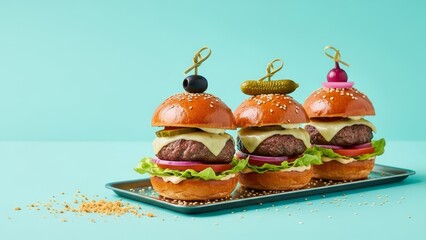 Three slider burgers stand on a tray each topped with a unique garnish and sesameseed bun