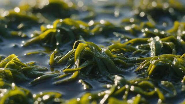 Vibrant green seaweed gently floats on the water's surface, illuminated by natural light, showcasing the intricate textures of this essential marine plant