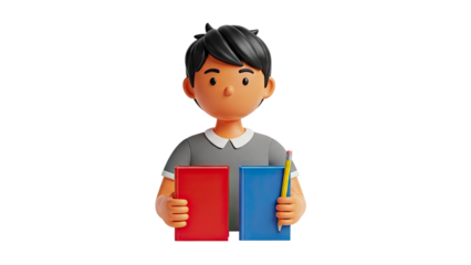 3D Cartoon Boy Holding Books and Pencil on transparent background