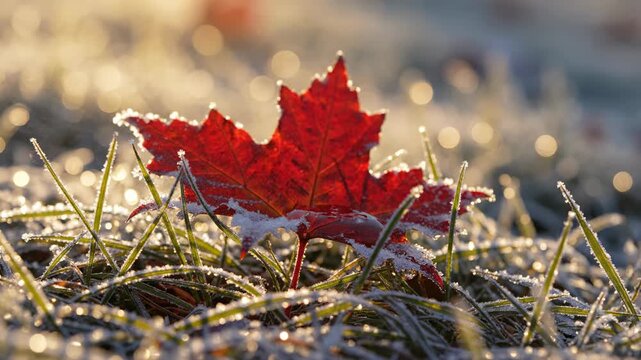 Extreme slow motion detail of a brilliant red maple leaf and frosty green grass intensely glistening under a creeping ray of warm morning sunlight winterizing, hoarfrost, green