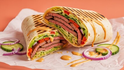 Two steak wraps one halved filled with steak lettuce tomato onion sauce and served on parchment paper with cucumberonion slices