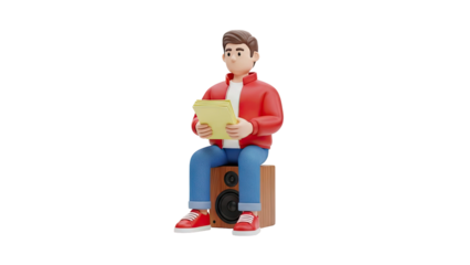 3D Cartoon Man Sitting on Speaker Reading Papers on transparent background