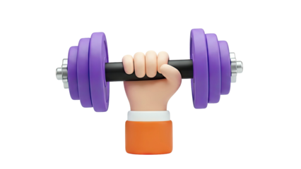 3D Cartoon Hand Holding a Purple Dumbbell on transparent background