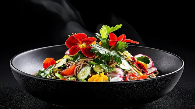 A close-up shot of a dark bowl filled with a salad. Edible flowers garnish the dish beautifully. Steam arises from the salad, adding a nice touch