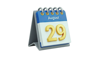 3D Desk Calendar Showing August 29 on transparent background