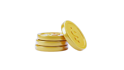 3D Golden dollar coins stacked and tilted on transparent background