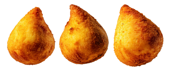 Fried Brazilian coxinhas cone snack filled shredded chicken cheese with golden crispy texture isolated on white background