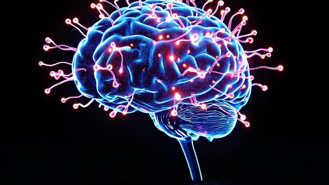 Glowing blue brain illustration with pink glowing tendrils on black background. High-tech concept with bright lights and a futuristic feel