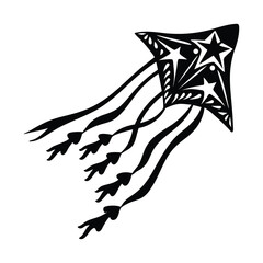 Stylized Black and White Kite with Stars and Flowing Tails Vector