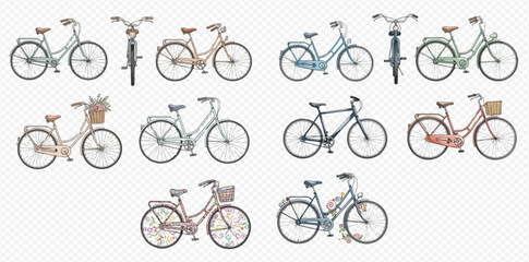 Collection of various vintage bicycles with baskets and different frame styles. © studio