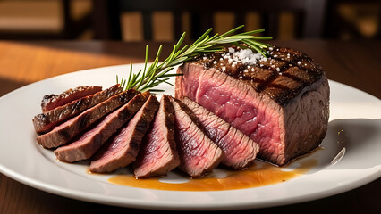 Sliced Roast Beef with Rosemary Garnish on White Plate sliced beef meat