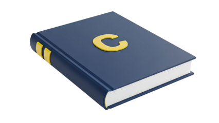 3D Blue Book with Yellow 'C' Logo and Ribbons on transparent background