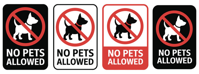 No pets allowed icons collection, showing warning symbols, prohibited animals, restricted entry signs, public area alerts, vector design elements, and safety instruction visuals for workplaces and 