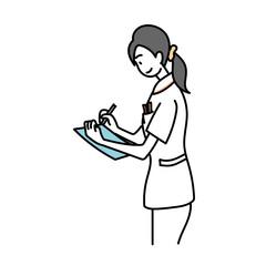 看護師がクリップボードに記録を書いて業務を行う様子のイラスト素材｜医療現場での記録管理や看護業務をイメージしたシンプルな人物表現