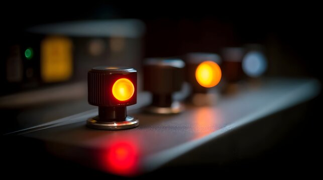 Close up of illuminated control knobs with red and orange lights on a dark electronic device panel - Powered by Adobe