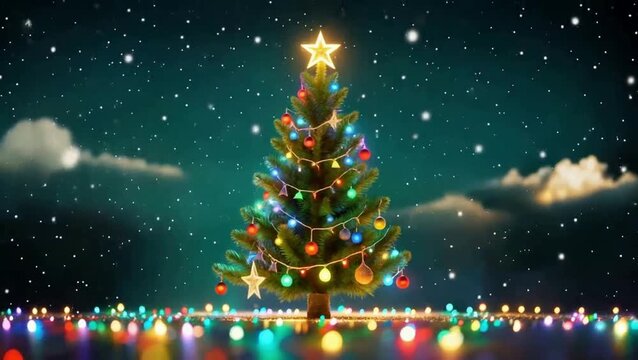 A beautifully decorated Christmas tree stands under a starry night sky with gentle falling snow. The tree is adorned with colorful glowing ornaments and a bright star on top, 