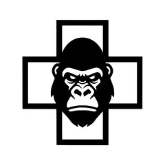 Vector illustration of a bold gorilla face inside a medical cross or plus sign frame.