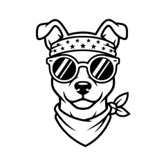 Black vector illustration of a stylish dog head wearing sunglasses, a star-patterned headband, and a neck scarf (bandana).