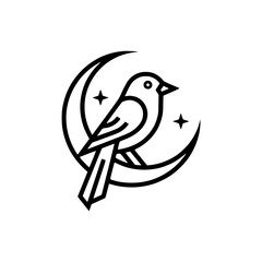 Minimalist vector illustration featuring a bird calmly perched on a crescent moon, surrounded by small stars.