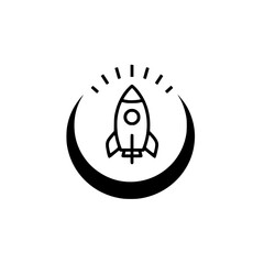 Rocket launch icon over crescent moon in minimalist line art style.