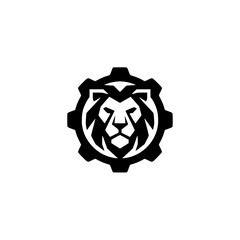 Lion head in gear machine logo