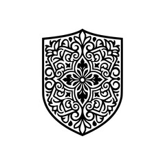 Ornamental shield logo design vector with classic vintage floral patterns.