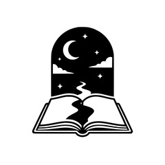 Open book vector illustration with night landscape river moon and stars surreal concept.