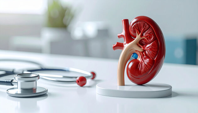 Anatomical Kidney Model With Stethoscope On White Table In Medical Studio.