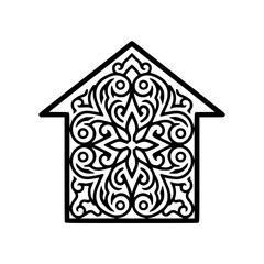 Vector illustration of a house silhouette filled with intricate circular floral or batik motifs.